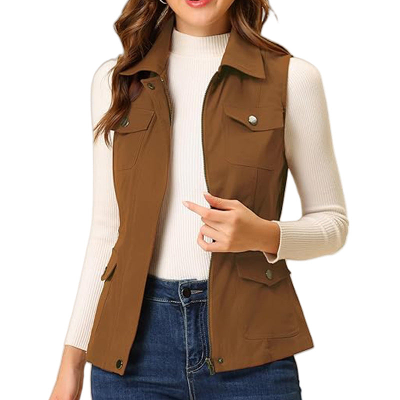 Cardigan Zipper Jacket AliExpress Multi-Pocket Solid Color Sleeveless