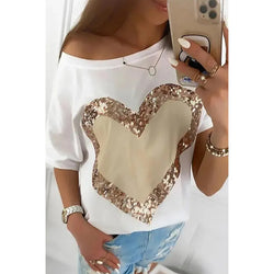 Summer New Love Sequins Crew Neck Pullover Women's Shoulder Short Sleeve T-Shirt Women's