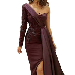 Dress dinner party shoulder temperament split fork and thin large size slim evening dress