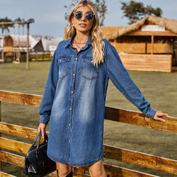 Washed denim loose casual long-sleeved adjustable buckle dress