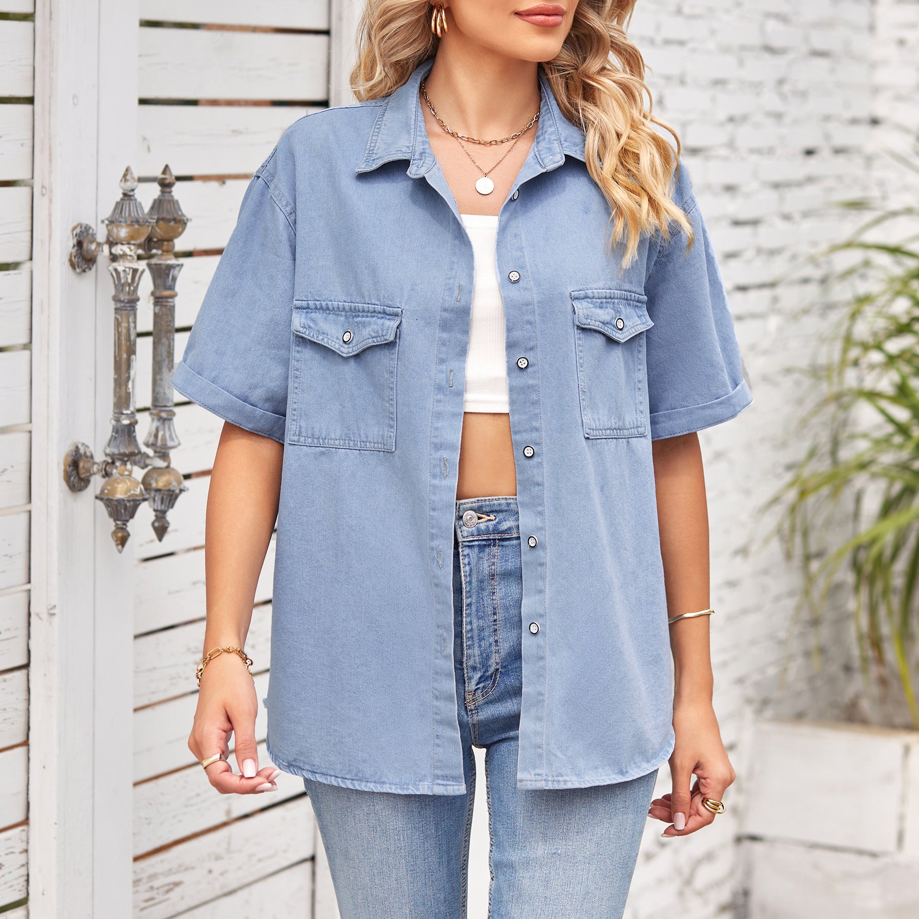 Skinny Denim One-Row Button Short Sleeve Casual Shirt Women