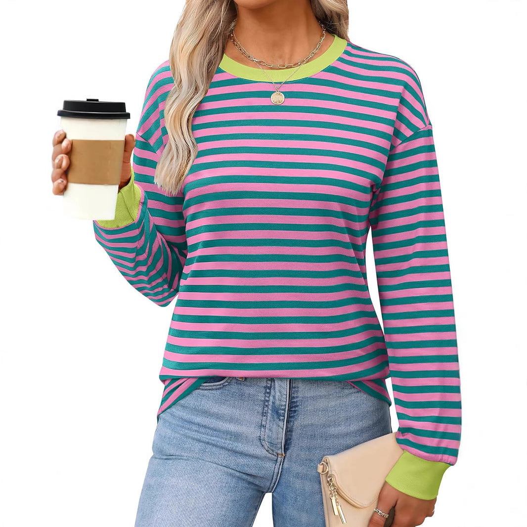 Fashion Women's Clothing Contrasting Stripes Loose Crew Neck Long Sleeve Women's T-Shirt