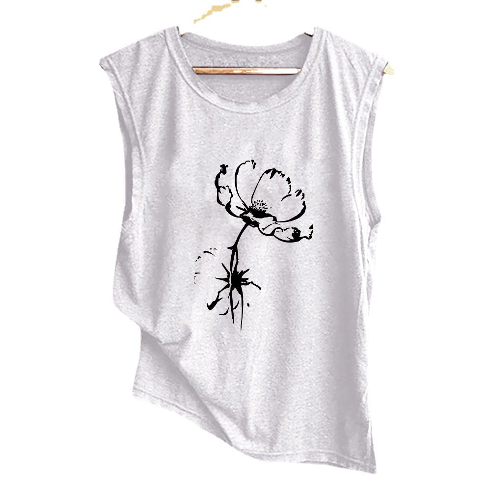 New Sunflower Butterfly Pattern Women's Crew Neck Top Sleeveless Vest