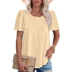 New Women's Crew Neck Bubble Sleeve Hole Hollow Short Sleeve Casual T-Shirt