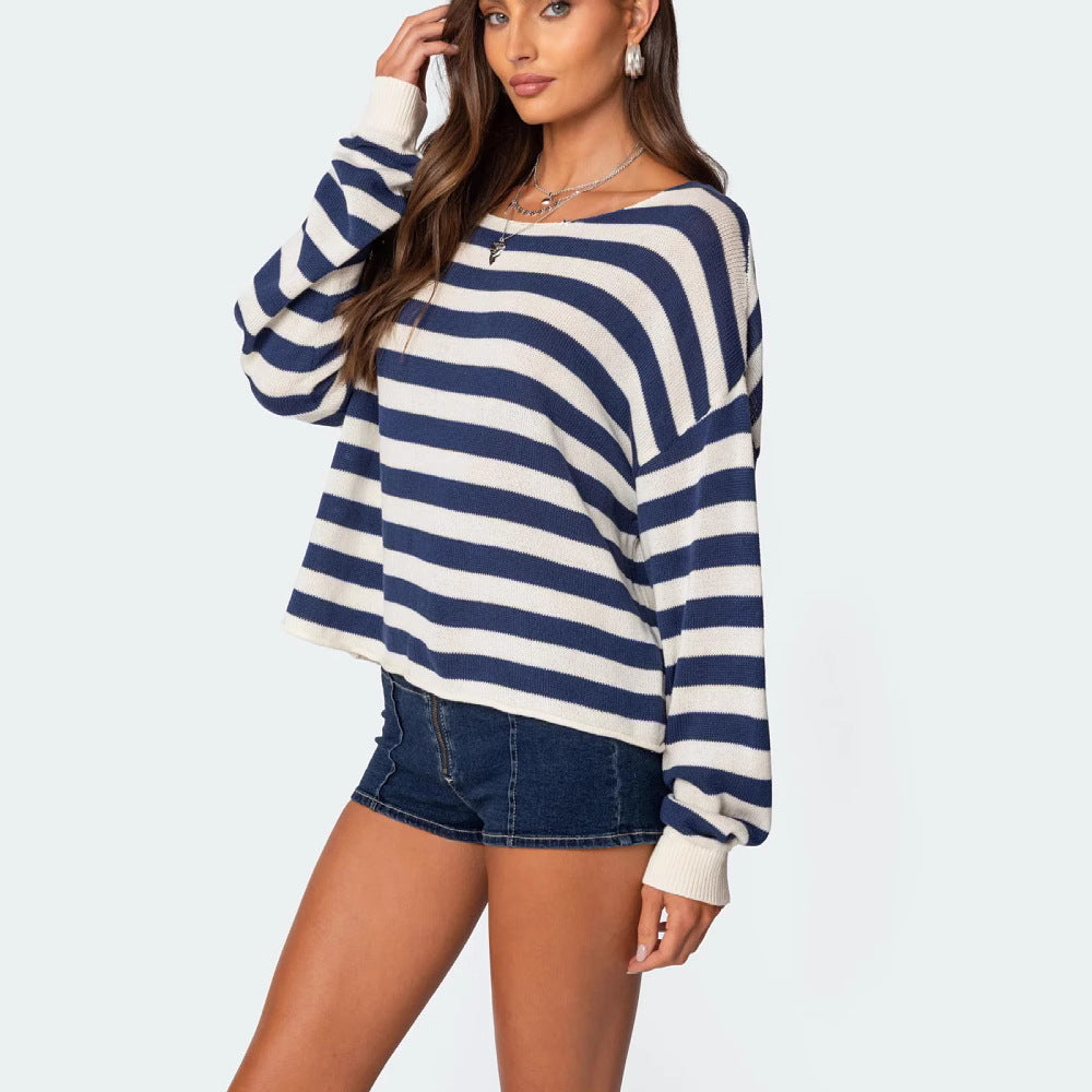 Knitted Top Women's Casual Loose Striped Long Sleeve Pullover Sweater Women