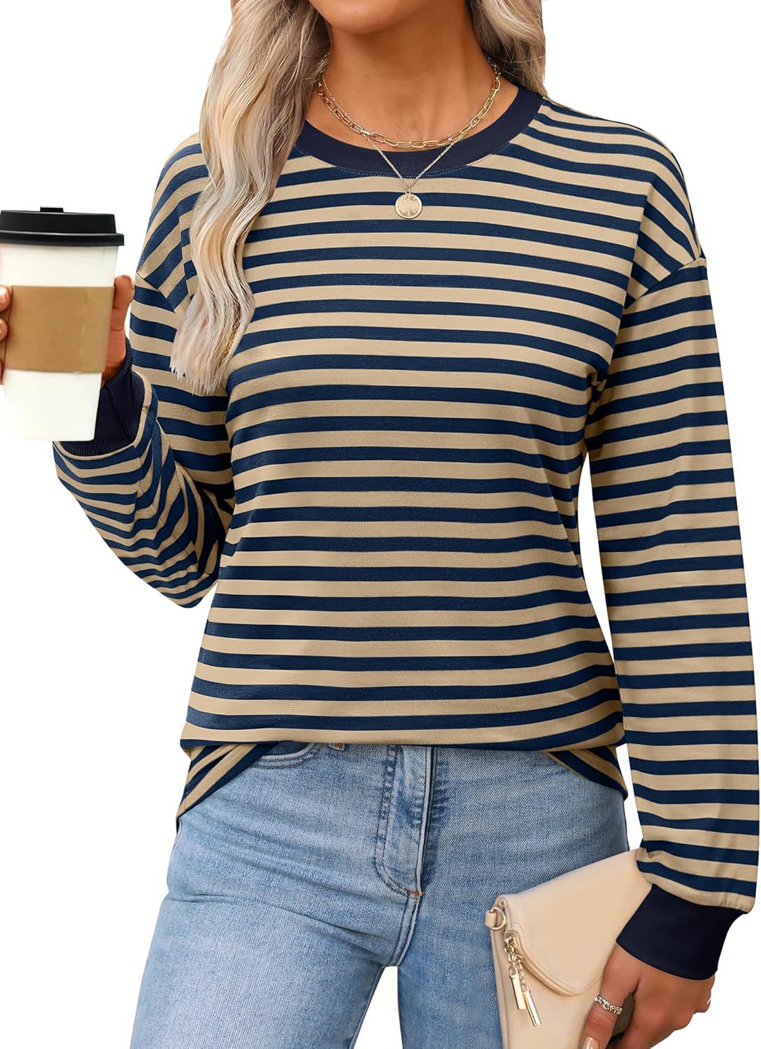 Fashion Women's Clothing Contrasting Stripes Loose Crew Neck Long Sleeve Women's T-Shirt