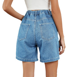 Washed elastic waist tooling casual denim shorts