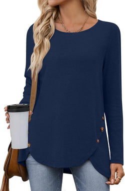 New solid color loose round neck long sleeve split button T-shirt women