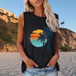 Summer Hawaiian Sea View Pattern Loose Casual Crew Neck Sleeveless Vest