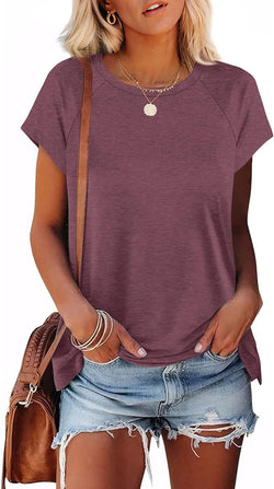 Crew neck shoulder sleeves solid color loose short sleeves basic T-shirt women