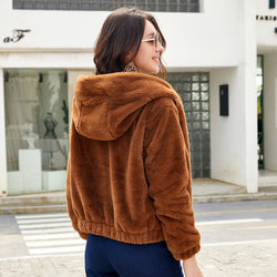 Hooded long-sleeved warm cotton clothes solid color short top