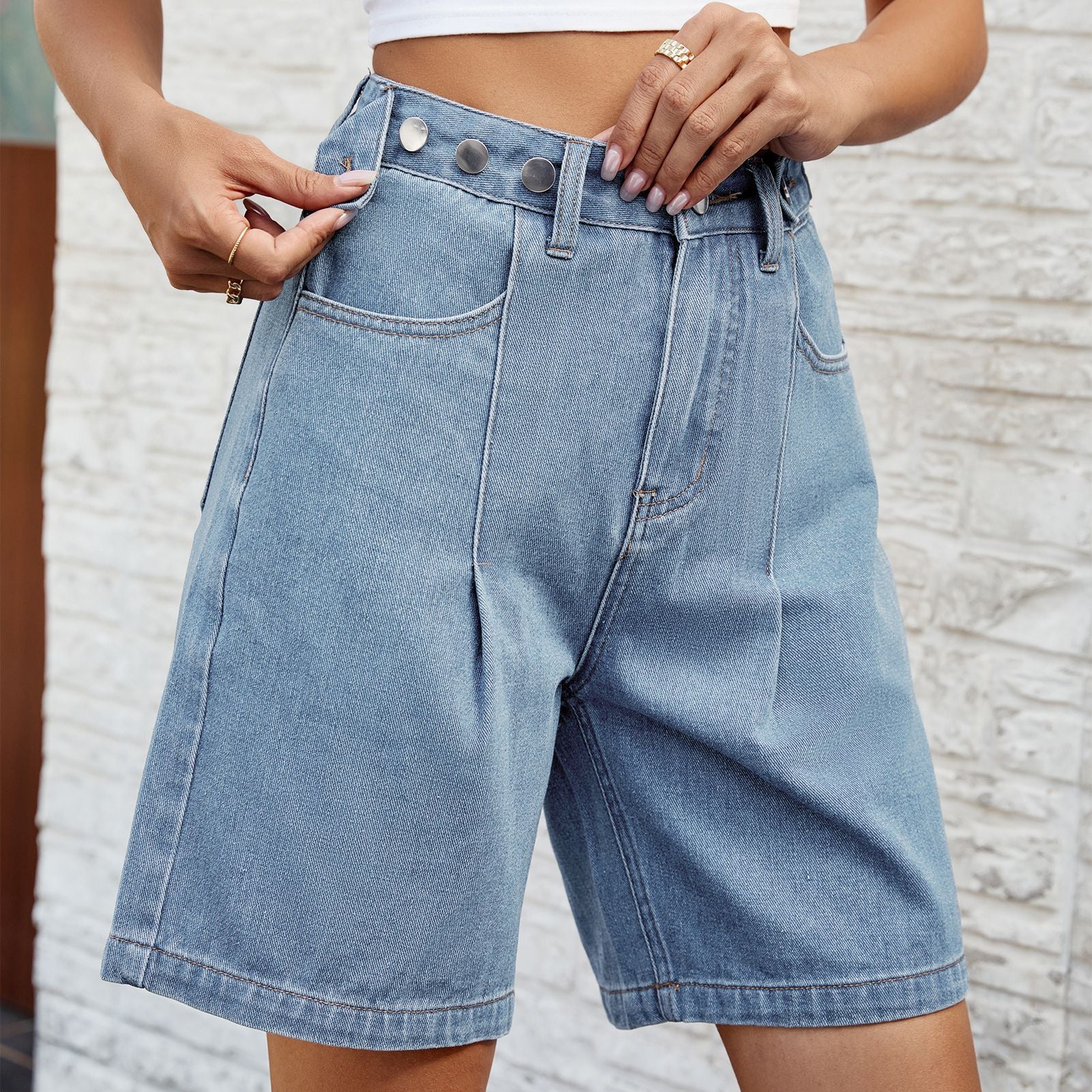 Washed waist adjustable denim cropped pants