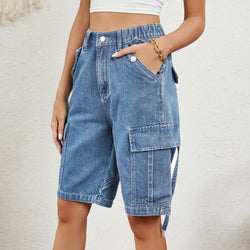 New summer models, washed personalized denim tooling five-point pants