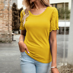 Spring and Summer Casual Temperament Crew Neck Lace Short Sleeve T-Shirt