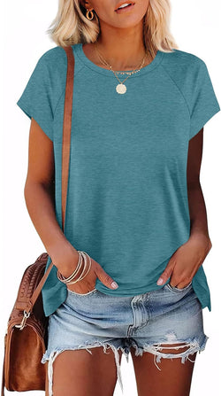 Crew neck shoulder sleeves solid color loose short sleeves basic T-shirt women