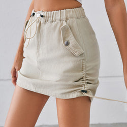 Washed drawstring elastic waist denim skirt tide