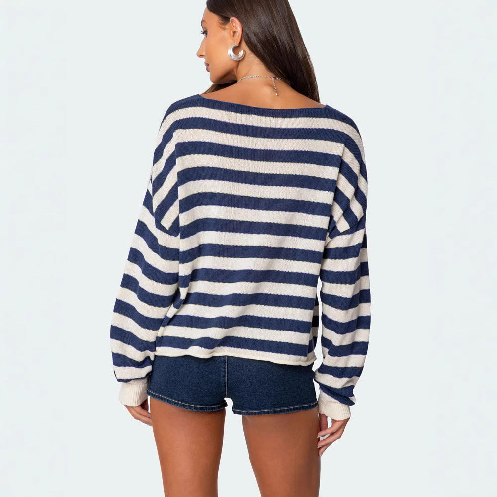 Knitted Top Women's Casual Loose Striped Long Sleeve Pullover Sweater Women