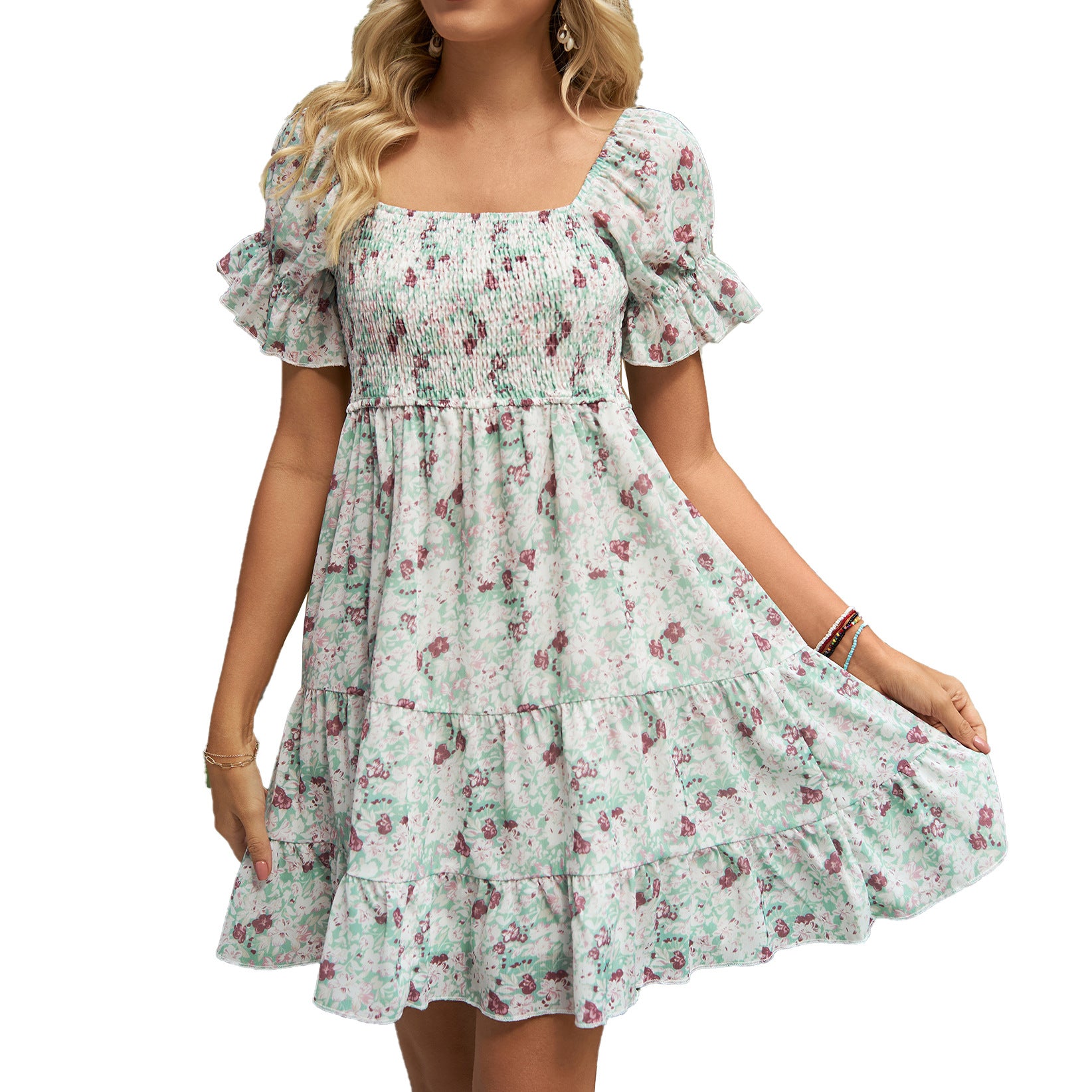 Summer Square Neck Printed Chiffon Wrap Short Sleeve Loose Dress Ladies