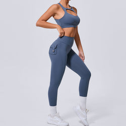 New winter pocket nude tight yoga suit high waist quick-drying running sports fitness suit two-piece set