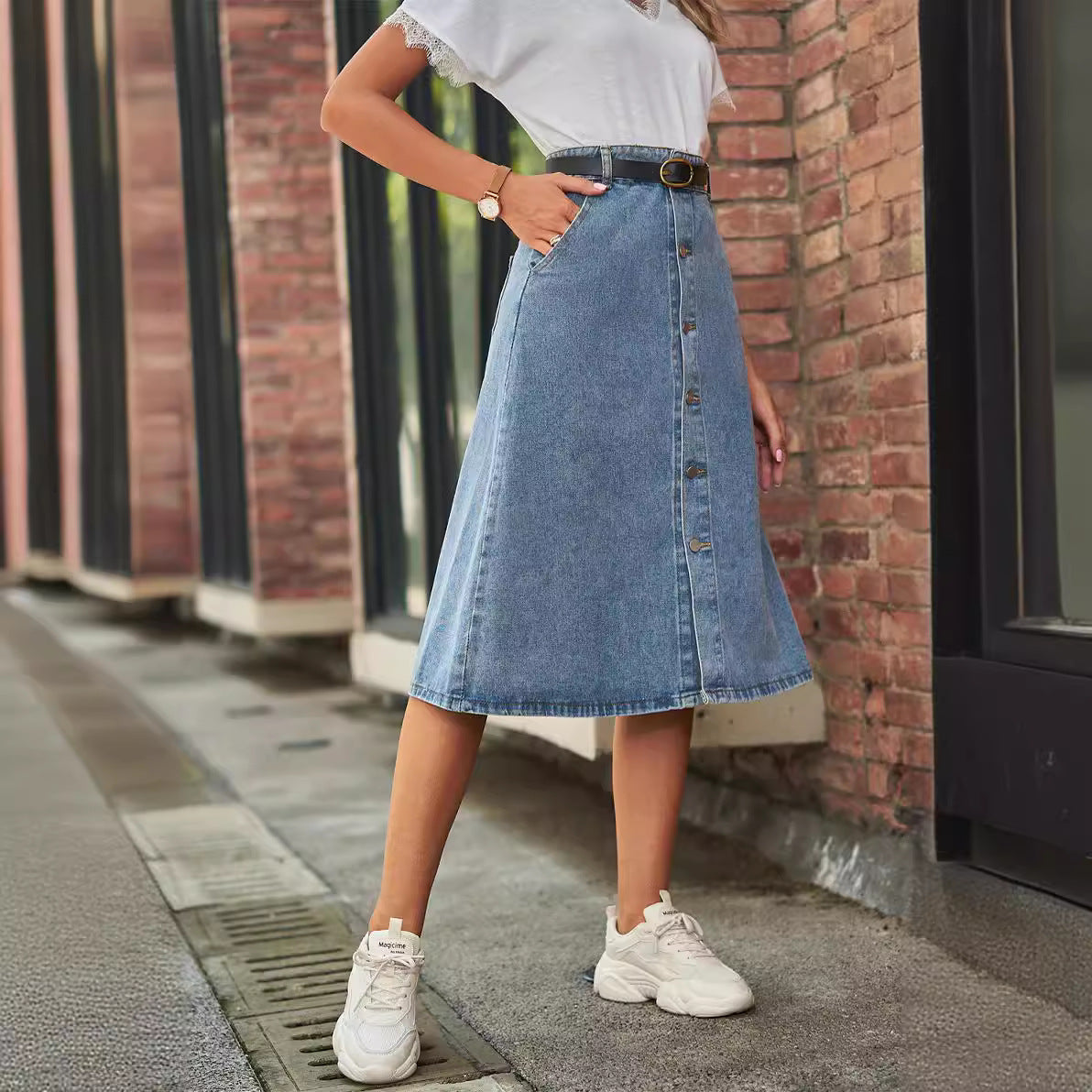 Skinny washed denim one-row button skirt skirt women