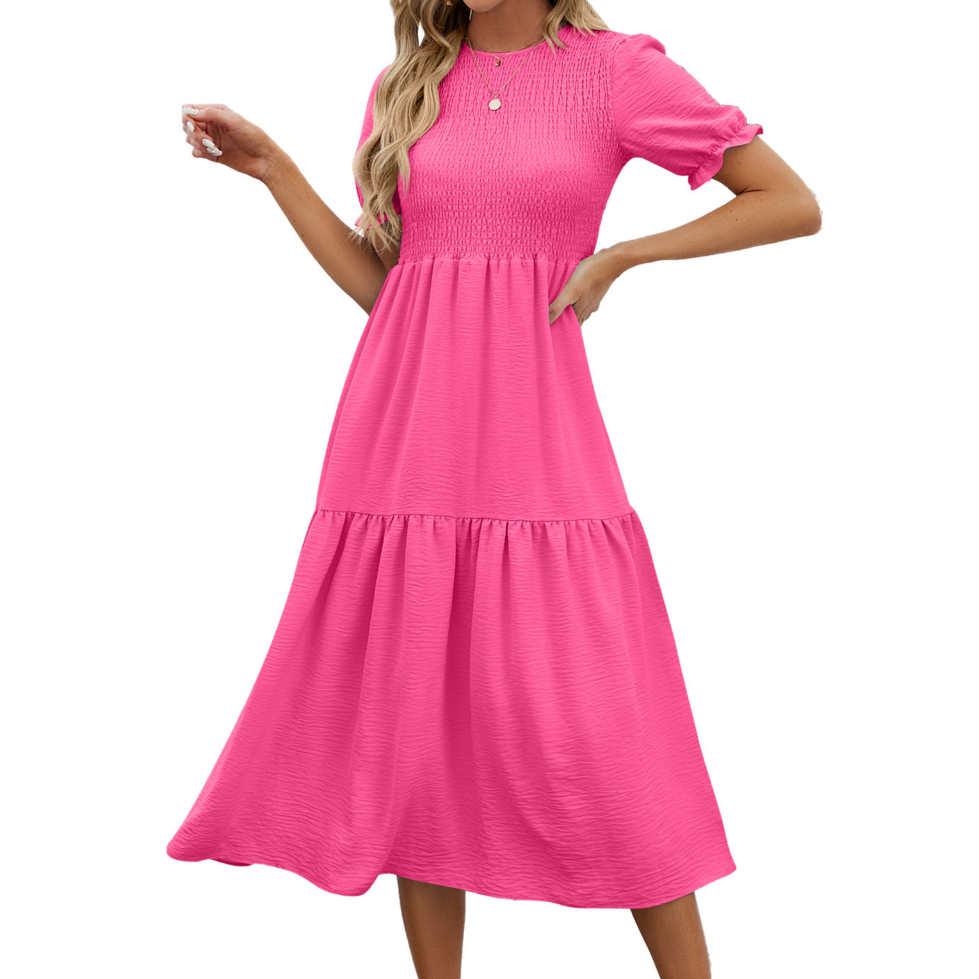 Spring and summer new solid color round neck splicing short-sleeved dress women