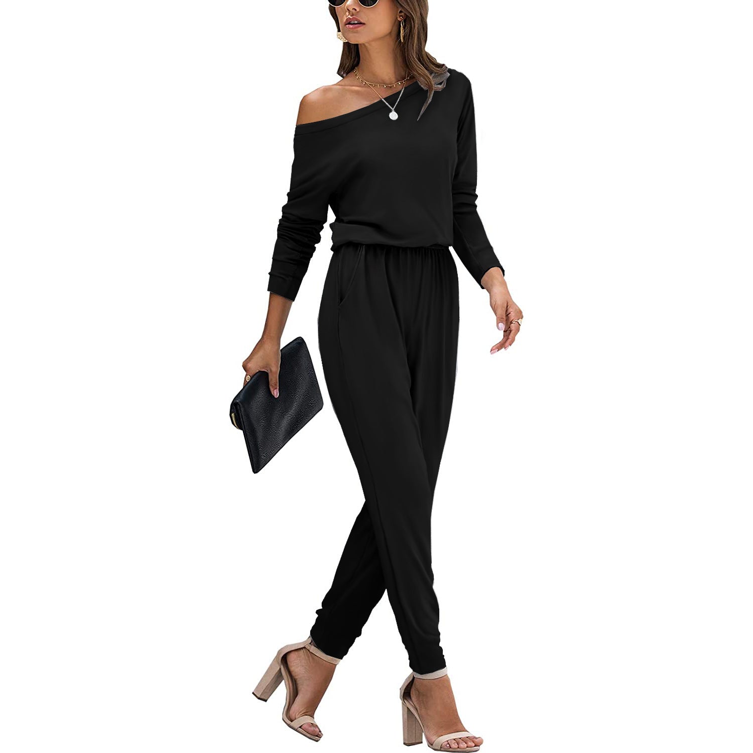 One-word collar onesie long-sleeved solid color women's jumpsuit