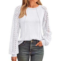 New Women's Loose Fashion Lace Splicing Crew Neck Long Sleeve T-Shirt Women