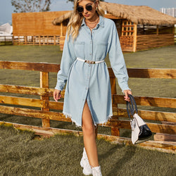 Washed denim loose casual long-sleeved rough edge dress women