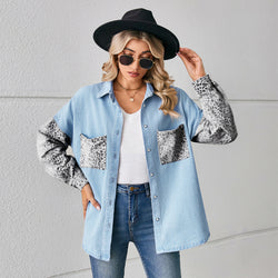 Loose leopard print spliced denim shirt long sleeve top cardigan