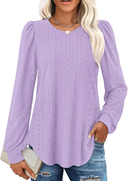 New Women's Crew Neck Loose Casual Lantern Sleeve Solid Color Long Sleeve T-Shirt