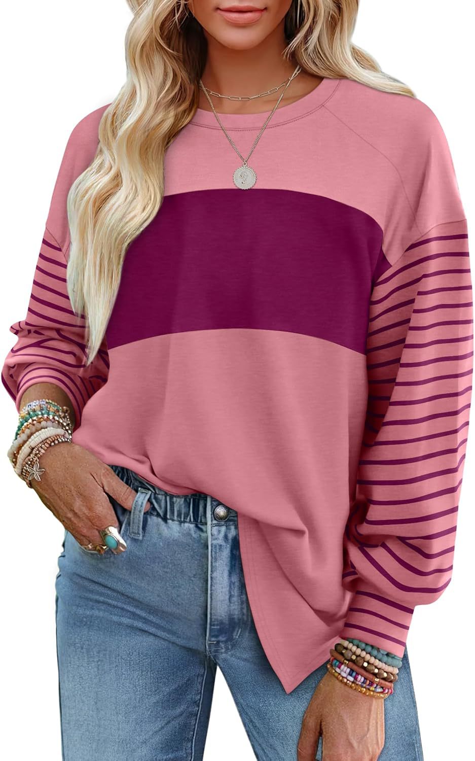 Pullover Crew Neck Casual Striped Contrast Long Sleeve T-Shirt Women