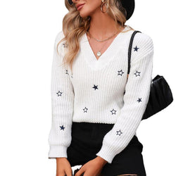 Knitted sweater commuter V-neck solid color little star embroidered pullover sweater