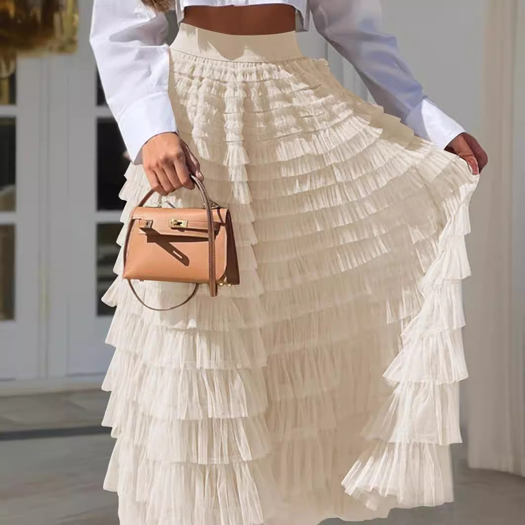 Fashion temperament women's clothing elegant mesh skirt cross-border new European and American fluffy long skirt solid color high waist cake skirt