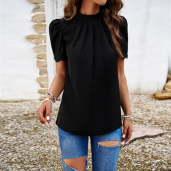 Temperament Casual solid color semi-turtleneck short-sleeved lace top