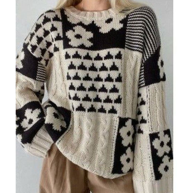 Square Flower Casual Loose Crew Neck Pullover Knitted Sweater