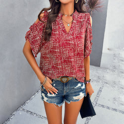 Spring and summer temperament casual and old V-neck off-the-shoulder top