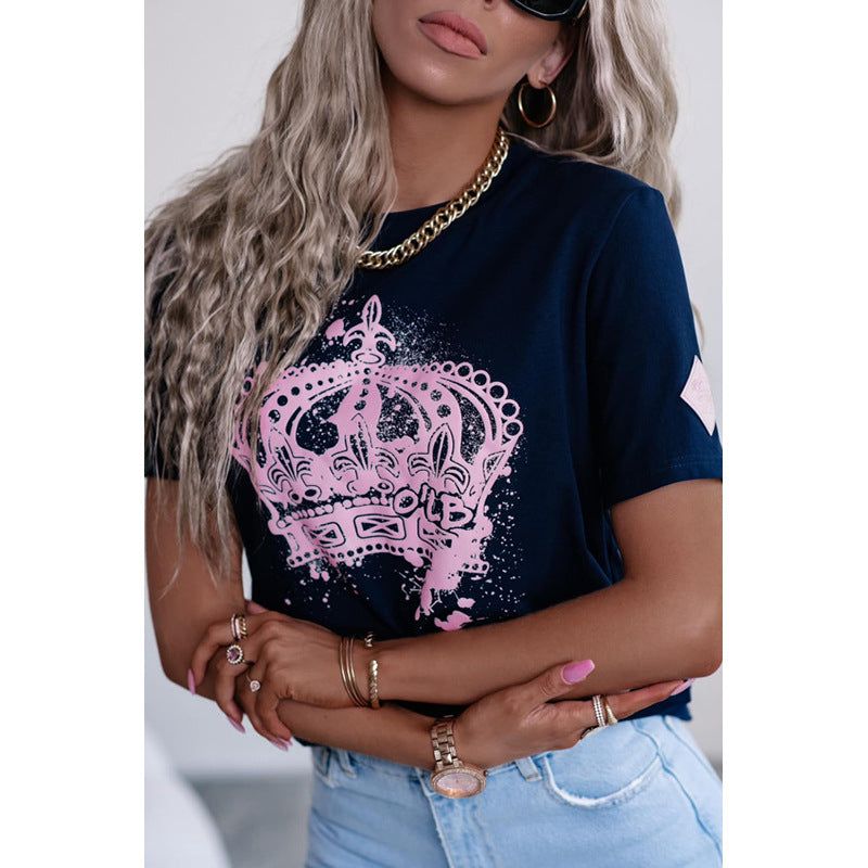 Personalized crown print crew neck short-sleeved T-shirt for women