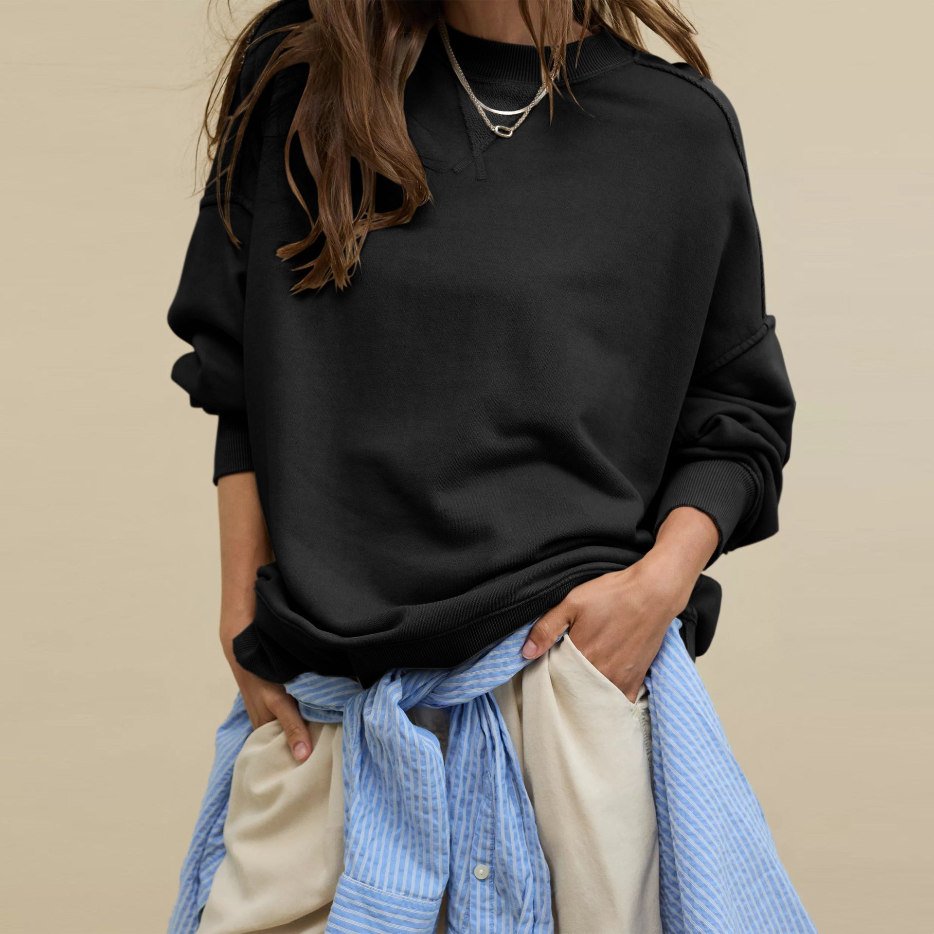 Trend style pullover long sleeve European and American style split sweater round neck solid color loose sweater