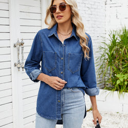 Washed loose long-sleeved four-button denim lining