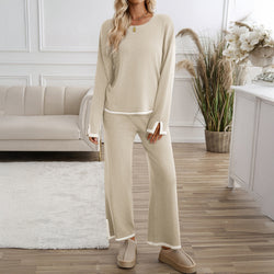 Temperament Casual solid color knitted long-sleeved sweater pants set two-piece set