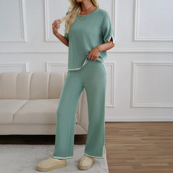 Spring and summer temperament casual short-sleeved knitted trousers set two-piece set