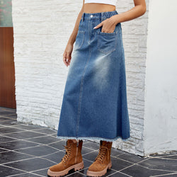 Washed rough edge denim skirt medium and long skirt