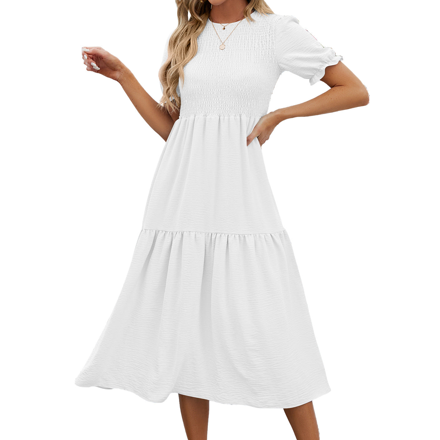 Spring and summer new solid color round neck splicing short-sleeved dress women