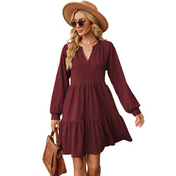 New solid color V-neck loose pleated splicing long-sleeved dress