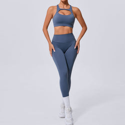 New winter pocket nude tight yoga suit high waist quick-drying running sports fitness suit two-piece set