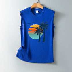 Summer Hawaiian Sea View Pattern Loose Casual Crew Neck Sleeveless Vest