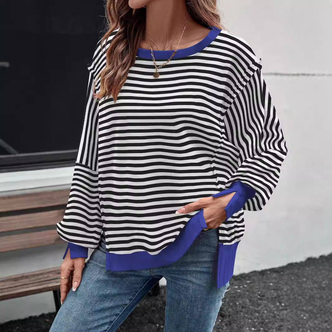 Loose Striped Casual Sweater Split Forked Crew Neck Trendy Design Versatile Top Ladies