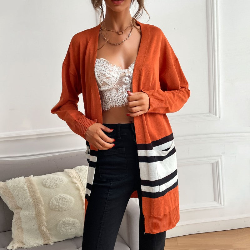 Striped contrasting knitted cardigan long-sleeved casual thin jacket