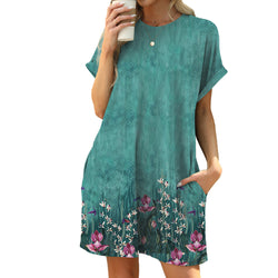 Spring and summer new loose round neck short-sleeved printed pocket dress in stock