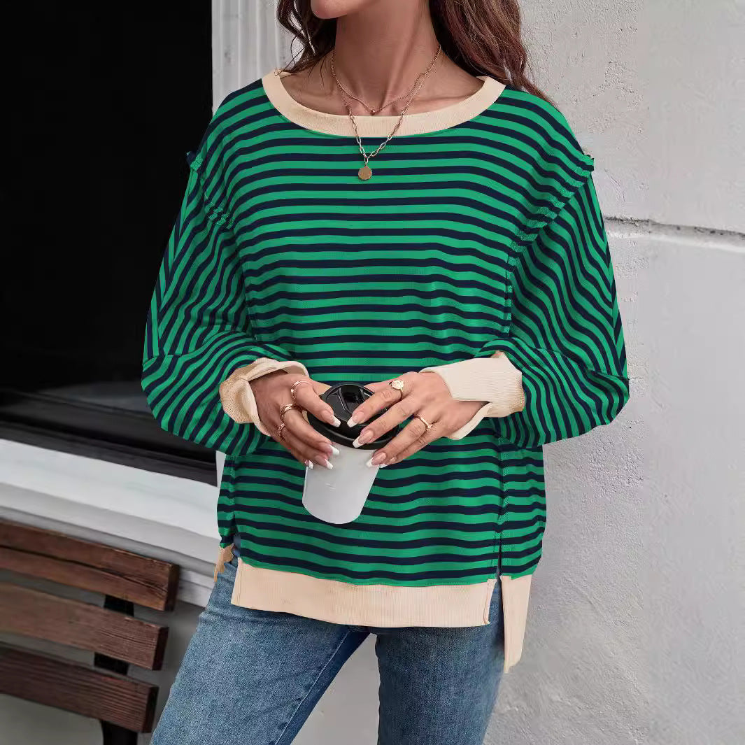 Loose Striped Casual Sweater Split Forked Crew Neck Trendy Design Versatile Top Ladies